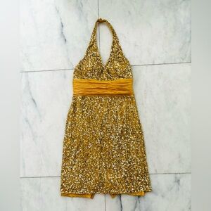 VTG Camille La Vie Dress Yellow Sequin Silk Halter Womens L Party Formal Event